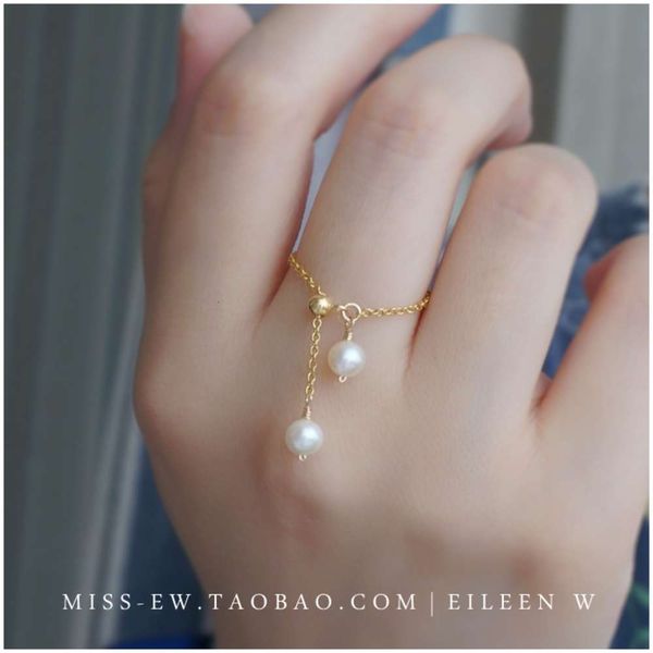 

~eileen w. handmade. natural frh water pearl 14k american gold covered pull type adjusting chain ring, Silver