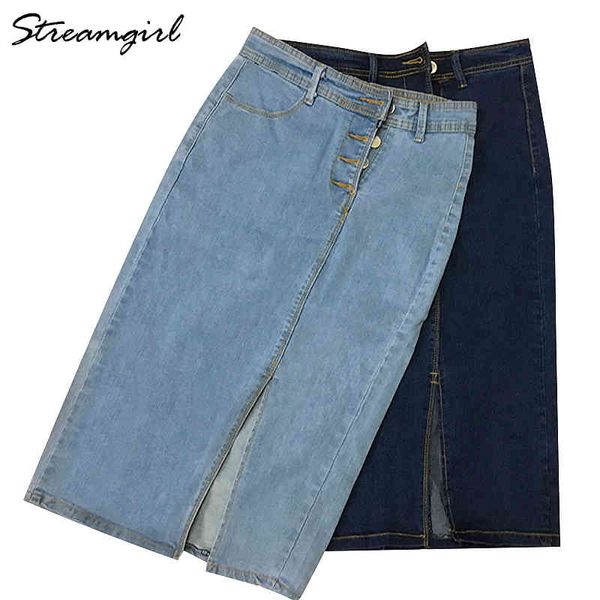 Streamgirl Denim Skirt Midi Vita alta Donne Ufficio Bodycon Jean Gonna Jean con bottoni davanti Donne Gonne da ufficio Gonne da donna 210421