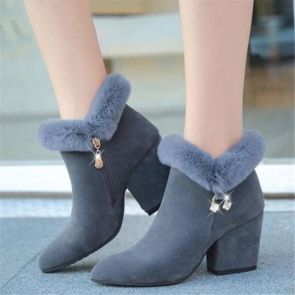 

boots ankle pointed toe faux fur fashion warm luxury ladies boot black 2021 winter women shoes woman square high heels w105