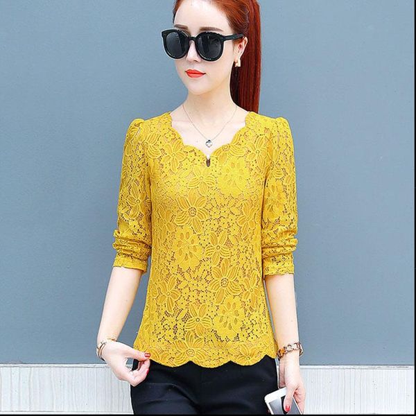 

blusas feminina korean spring women blouses autumn vestidos sweet loose long sleeve yellow lace shirts female df2247, White