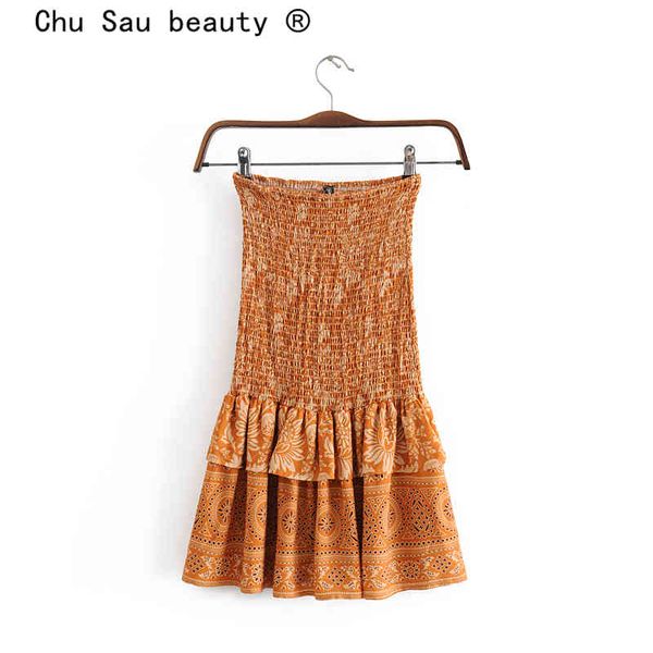 Chu Sau Schönheit Boho Blumendruck Minirock Frauen Urlaub Mode elastische Taille drapierte Röcke weiblich Falda de Moda 210508