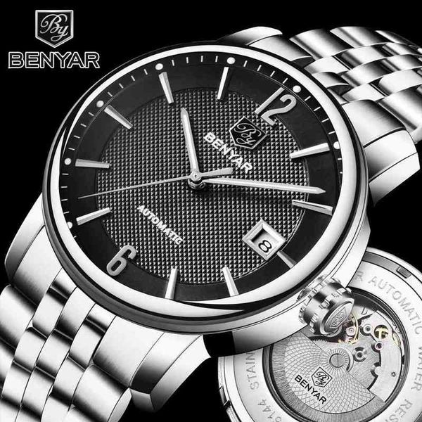 

brand luxury gentlemen benyar clocks business complete steel fashion casual waterproof automatic clock relogio, Slivery;brown