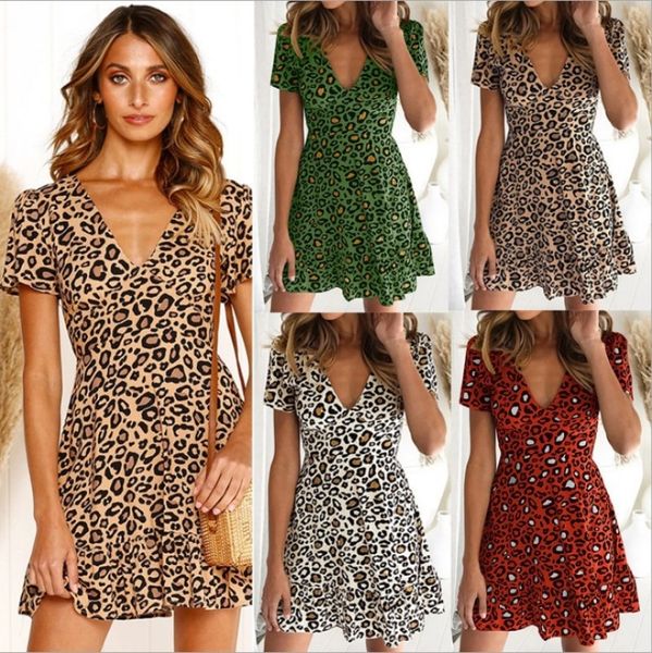 

leopard 2021 summer v-neck dresses women clothes elegant short sleeve clothing ladies dress mini a-line, Black;gray