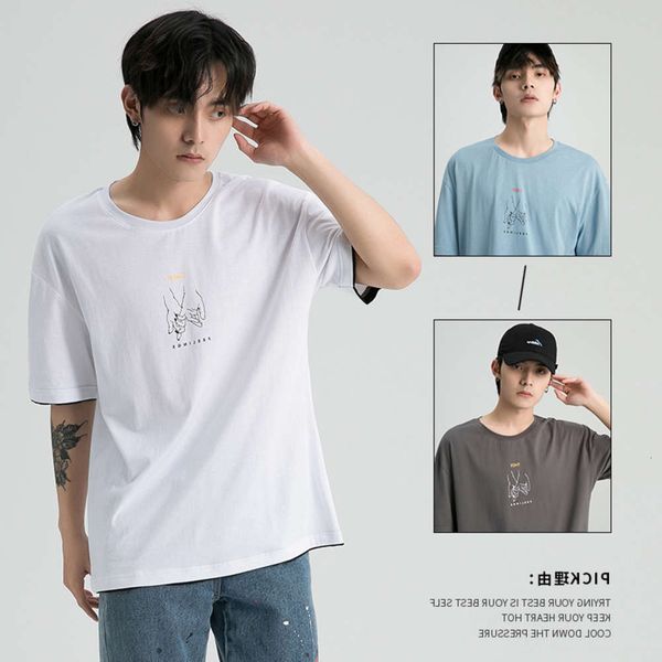

men's shirt men's short trend round neck fashion brand printed half sleeve summer korean cotton loose t-shirt, White;black