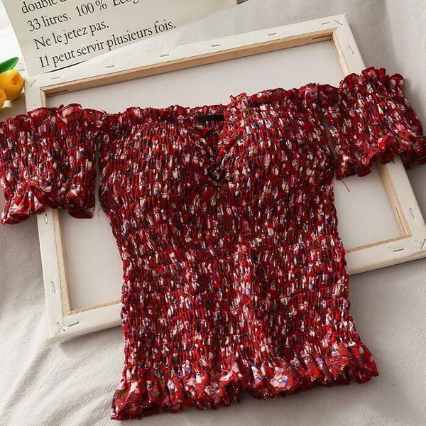 

women shirt 6 colors print stretchy flower summer sweet ruffles slash neck cropped blouses with pads long sleeve padding crop, White