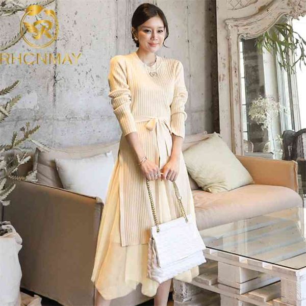 

autumn and winter women tide fashion medium length style knitted stitching mesh jersey dress 210506, Black;gray