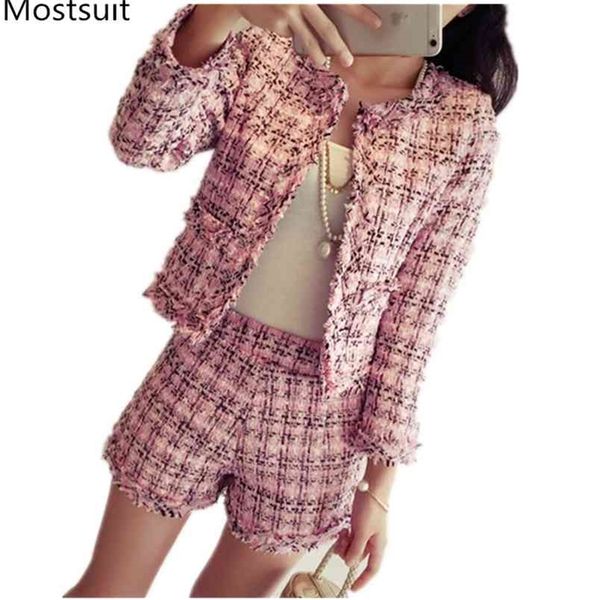 Outono inverno tweed 2 peça conjunto mulheres slim xadrez jaqueta casaco + borlas shorts shorts ternos moda fragment tensão senhoras mulheres 210513