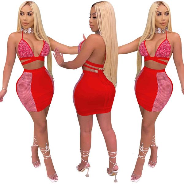 

nightclub wear women solid rhinestone two piece sets lady halter lace-up backless bra high waist bodycon skirts summer, White