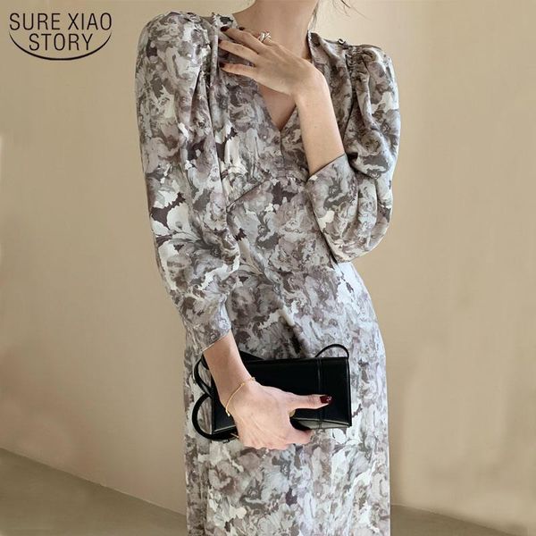 

casual dresses fashion early autumn winter vintage high waist three quarter sleeve women dress ink painting v collar woman 12152, Black;gray