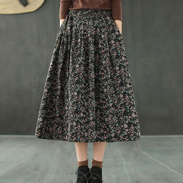 

2021 autumn print floral a-line pleated skirt women elastic waist mori girl style midi lady vintage skirts, Black