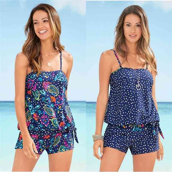 

swimmer boho tankini mujer swimsuit set shorts beach 2 pieces swimming print dot swimwear 210629, White;black