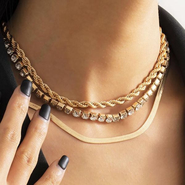 

multilayer boho flat blade snake chain shiny rhinestone tennis necklace women's twisted metal crystal necklaces girl jewelry chains, Silver