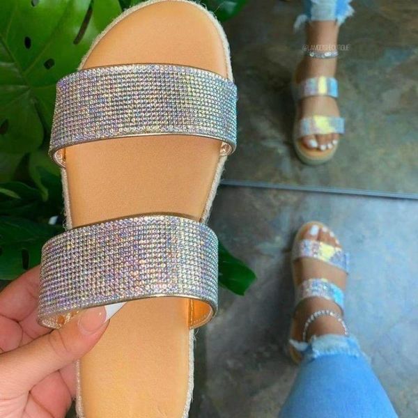 

luxury women multi crystal slippers platform flat low heel slip on outdoor slides beach fashion sandals ladies shoes female, Black