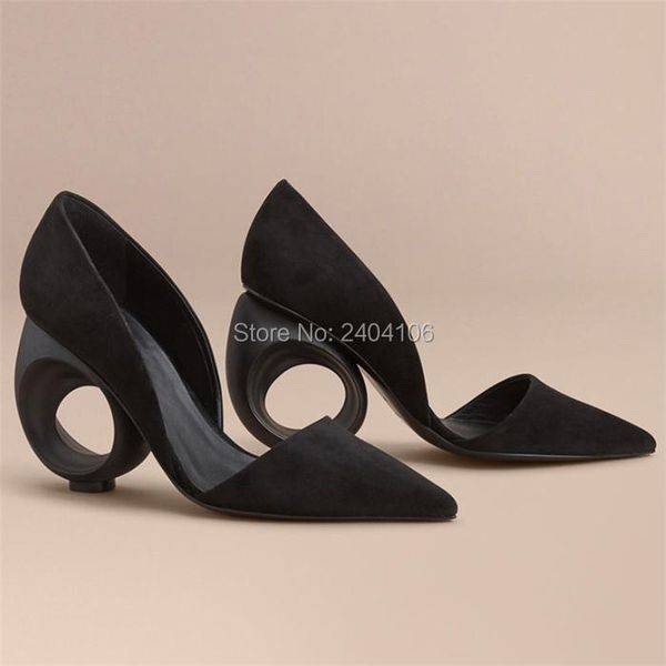 

celebrity runway prom shoes woman black suede pointed toe fretwork strange heel pumps women fetish slip on sapato feminino dress