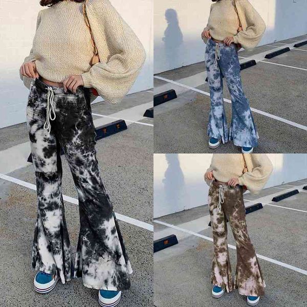 

fashion casual chic trendy tie women capris dye long flared elastic drawstring high waist wide bottom trousers, Black;white