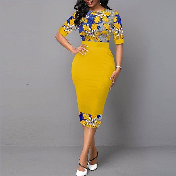

floral print patchwork yellow elegant office lady dress for women 2021 fashion o neck slim business formal dress party vestidos, Black;gray