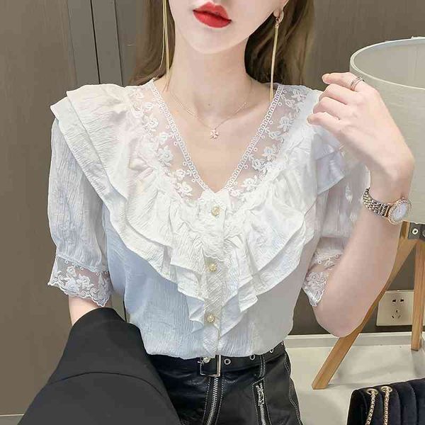 

summer v-neck single breasted women blouse stitching lace embroidered chiffon blouse elegant female blusas 210515, White