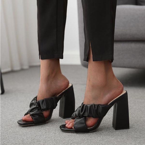 

women's high heels summer thick slippers woman's square toe pleated shoes ladies fashion slides plus size 2021, Black