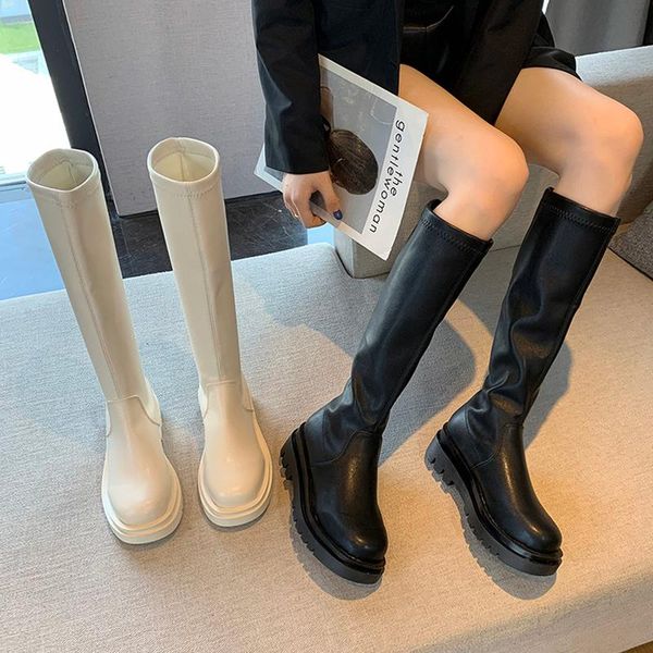 

boots 2021 women pu leather platform knee high slip-on block heel footwear thick heels shoes fashion spring female, Black