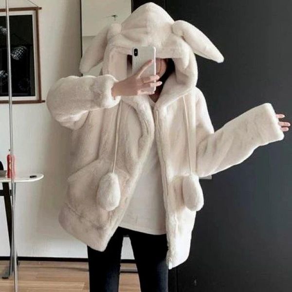 

women's jackets sweet ear hooded zip autumn winter warm long sleeve coat casual loose double pockets design jacket women, Black;brown