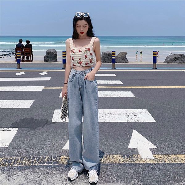

women's jeans high waist loose korean student denim floor dragging straight pants spring and summer versatile slim dad wide leg long, Blue