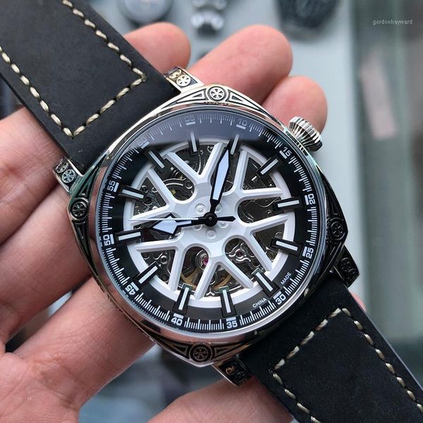 

wristwatches boux luxury skeleton automatic mechanical men's watch seagull st16k2 movement luminous men watches carved leather business, Slivery;brown
