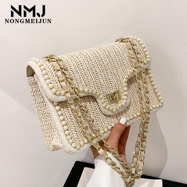 

evening bags fashion shoulder bag women pearl chain ladies straw 2021 summer hand-woven bohemian vacation female messenger