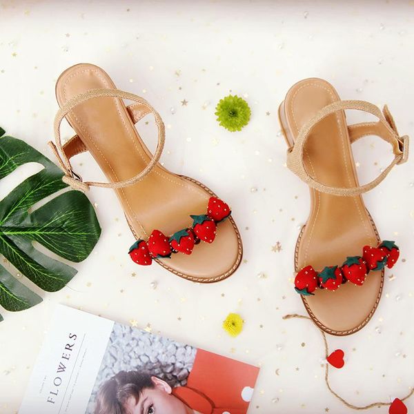 

korean summer sweet girl strawberry burlap cute open toe loli sandals chunky heel sandal, Black