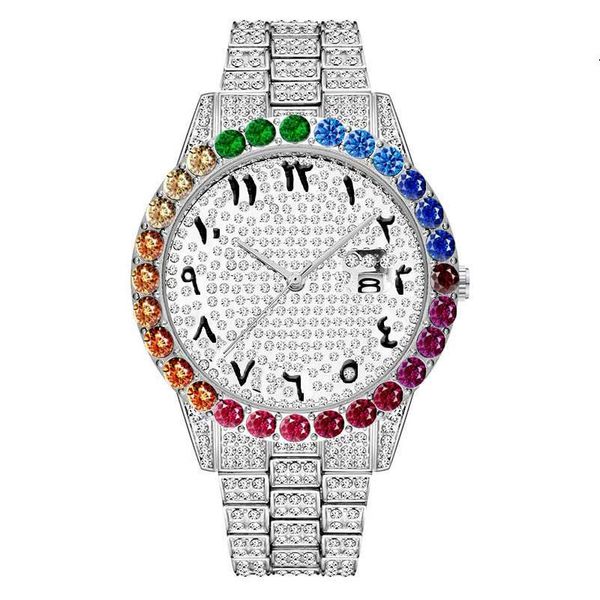 

wristwatches fashion iced out diamond quartz watch with colorful rhinestone luxury jewelry men wrist arabic number big dial watches, Slivery;brown