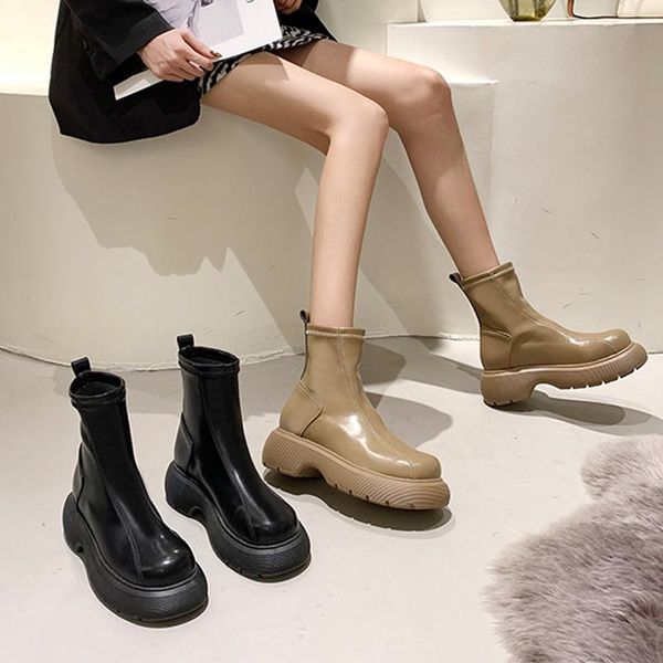 

boots women 2021 shoes round toe low rock rubber mid calf ladies mid-calf lolita autumn fabric basic flock retro slip-on la, Black
