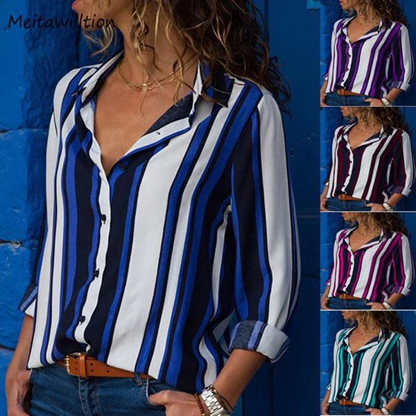 

women's blouses & shirts women 2021 autumn elegant long sleeve deep v-neck shirt female work office ladies striped, White