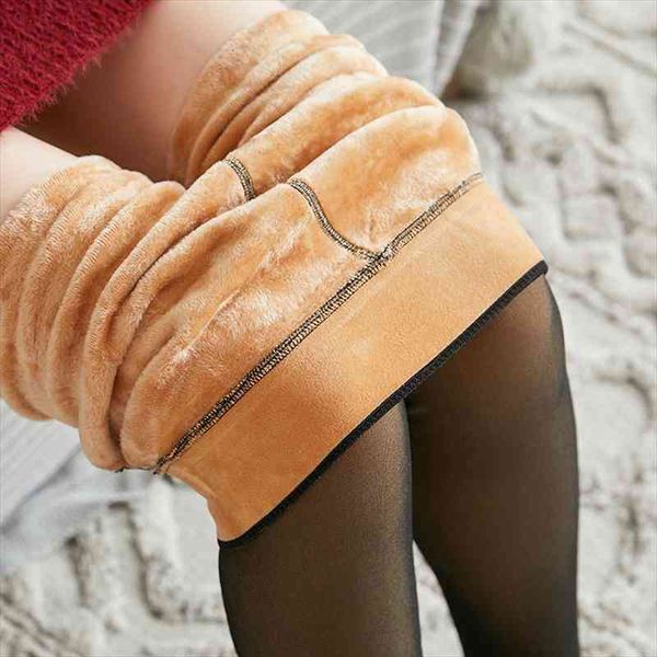 

winter warm plus velvet women leggings super elastic high waist skin-transparent slim tight, Black