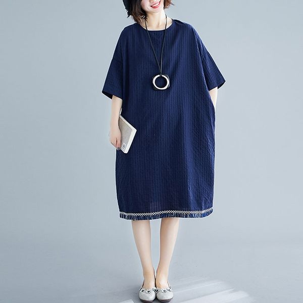 

oversized women cotton linen casual dress new summer simple style o-neck solid color loose female a-line dresses s3511 210412, Black;gray