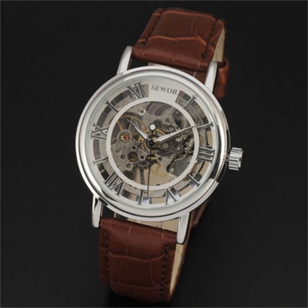 

watch sewor hollow men's mechanical watch high grade belt, Slivery;brown