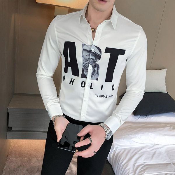 

fashion 2021 letter print shirt men clothing korean simple long sleeve mens casual shirts all match slim fit tuxedo blouse men's, White;black