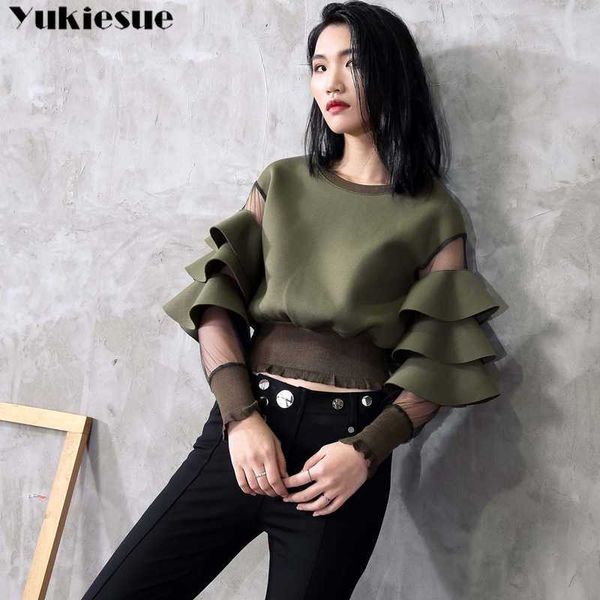 

petal sleeve coat female spring fashion moletom feminino hollow out long sleeve sweatshirt hoodie causal hoodies women 210608, Black