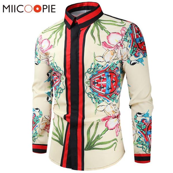 

men's casual shirts luxury floral men long sleeve patchwork vintage printed blouse mens fashion social dress shirt chemise homme, White;black
