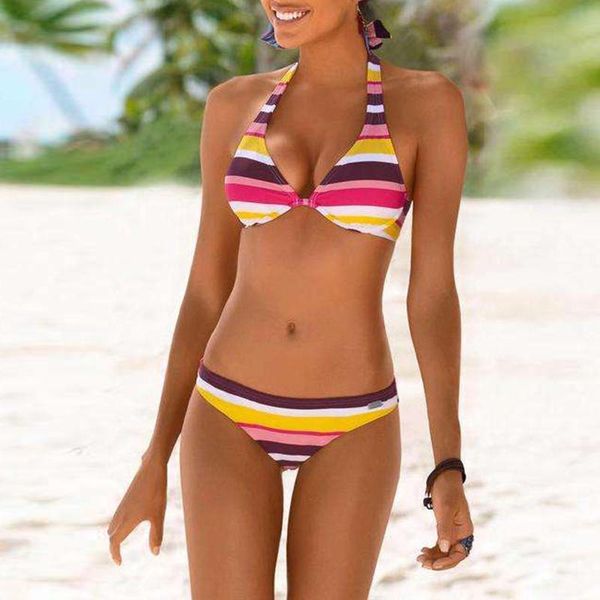 

women's swimwear deep v halter stripe splicing women two piece low waist backless summer bikini swimsuit fashion push up beachwear, White;black