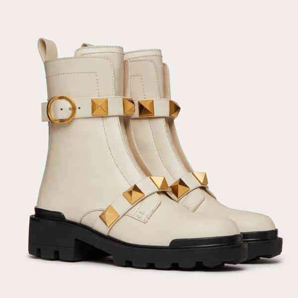 

women roman gold stud calfskin combat boots lady ankle boot leather granulated rivet winter shoes 4cm & 8.5cm heels height increase, Black