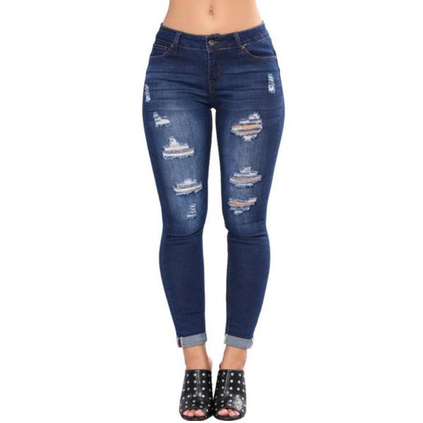 

women's jeans s-3xl dark blue casual skinny ripped for women autumn high waisted plus size denim pant streetwear elastic hollow trouser