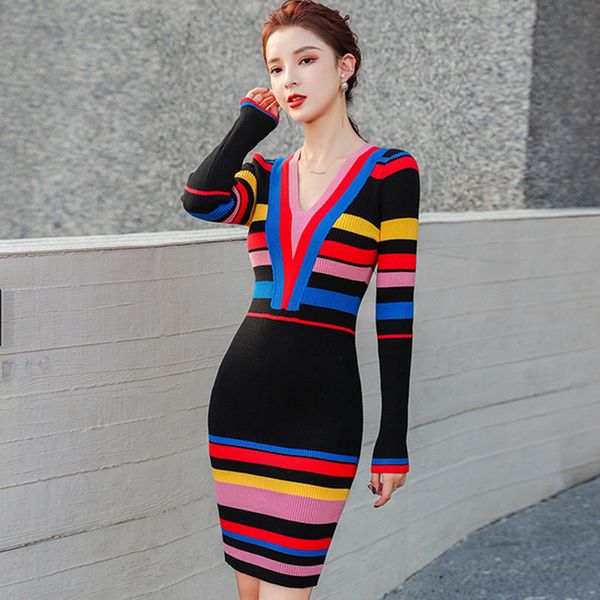 

knitted dress women sweater es for long sleeve woman high waist v neck knit rainbow es plus size 210427, Black;gray