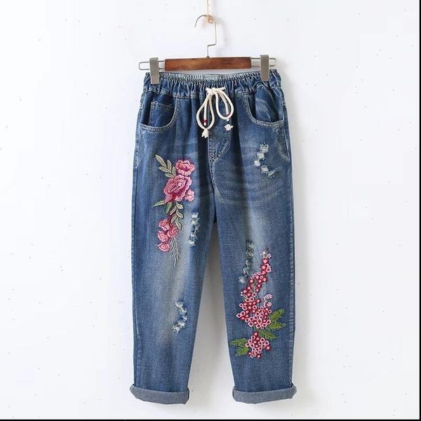 

womens jeans summer female line sen hole letter embroidered flowers loose nine points trousers women, Blue