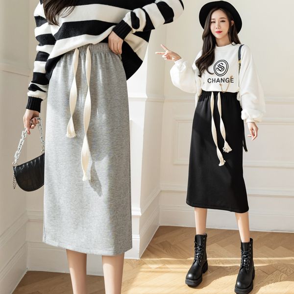 

skirts lazy wind walking half women's autumn split high waist a-word medium long casual sports guard skirt, Black