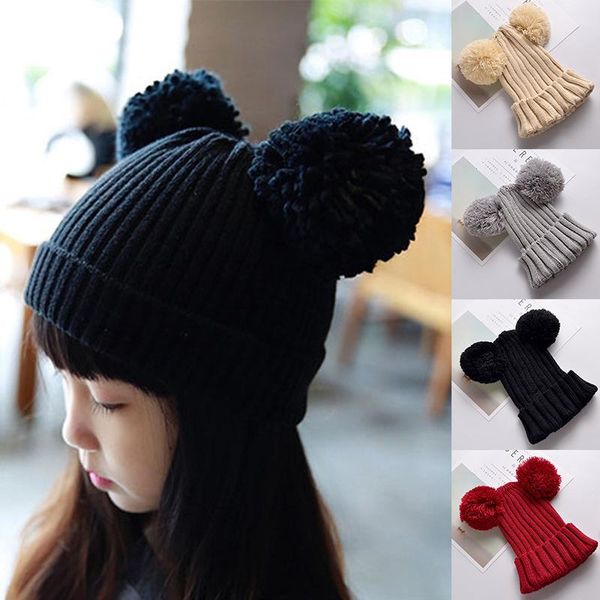 

beanies double pompom kids hat winter warm crochet baby cap children boys girls solid knitted beanie bonnet