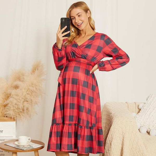 

patpat 2021 arrivalmaternity v-neck plaid full print burgundy midi tunic long-sleeve nursing dress maternity dresses, White