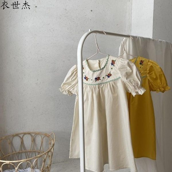 

summer children's clothing korean cotton embroidered puff sleeve girl cute dress girl's dresses, Red;yellow