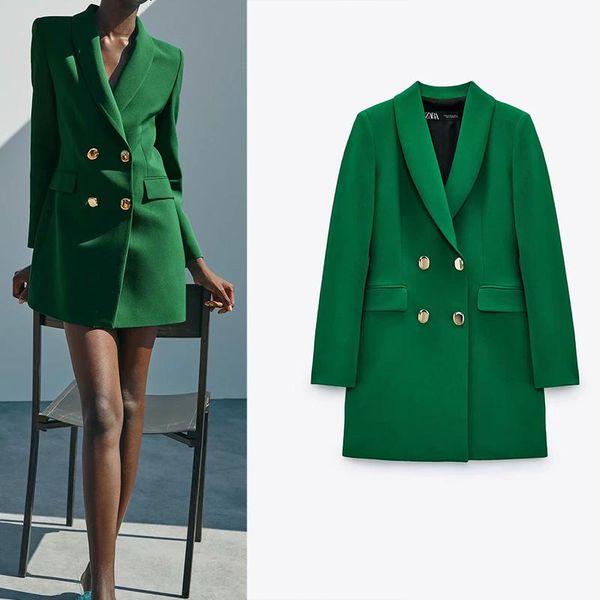 

women's suits & blazers zar long double-breasted dark green blazer y2k machine washable retro fashion jacket 2021 fall mid-length cloth, White;black