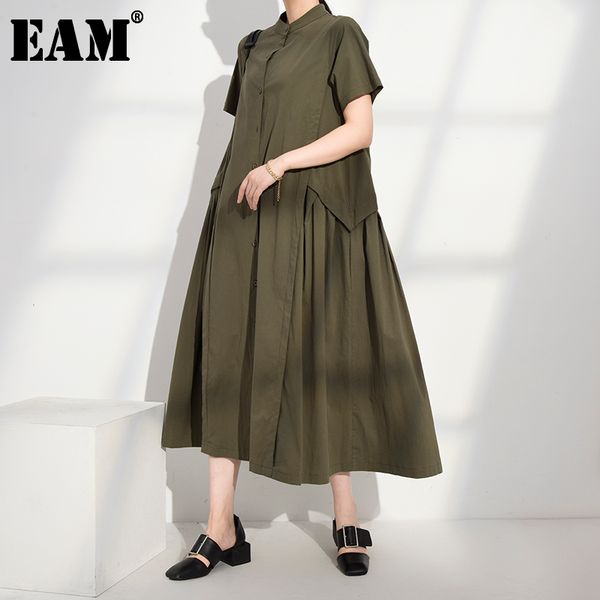 

[eam] women green brief long temperament dress stand collar short sleeve loose fit fashion spring summer 1w09101 210512, Black;gray