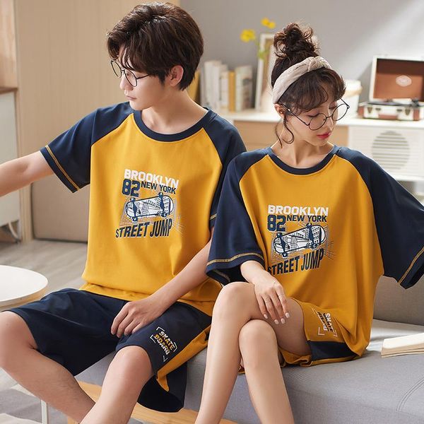 

men's sleepwear 6535 cotton summer pullover short sleeve pants pajama jammies couples lovers o-neck cozy casual nightwear pyjamas cke, Black;brown