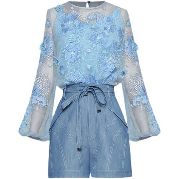 

high street est designer summer fashion runway suit set embroidery gauze blouse denim shorts 210526, White